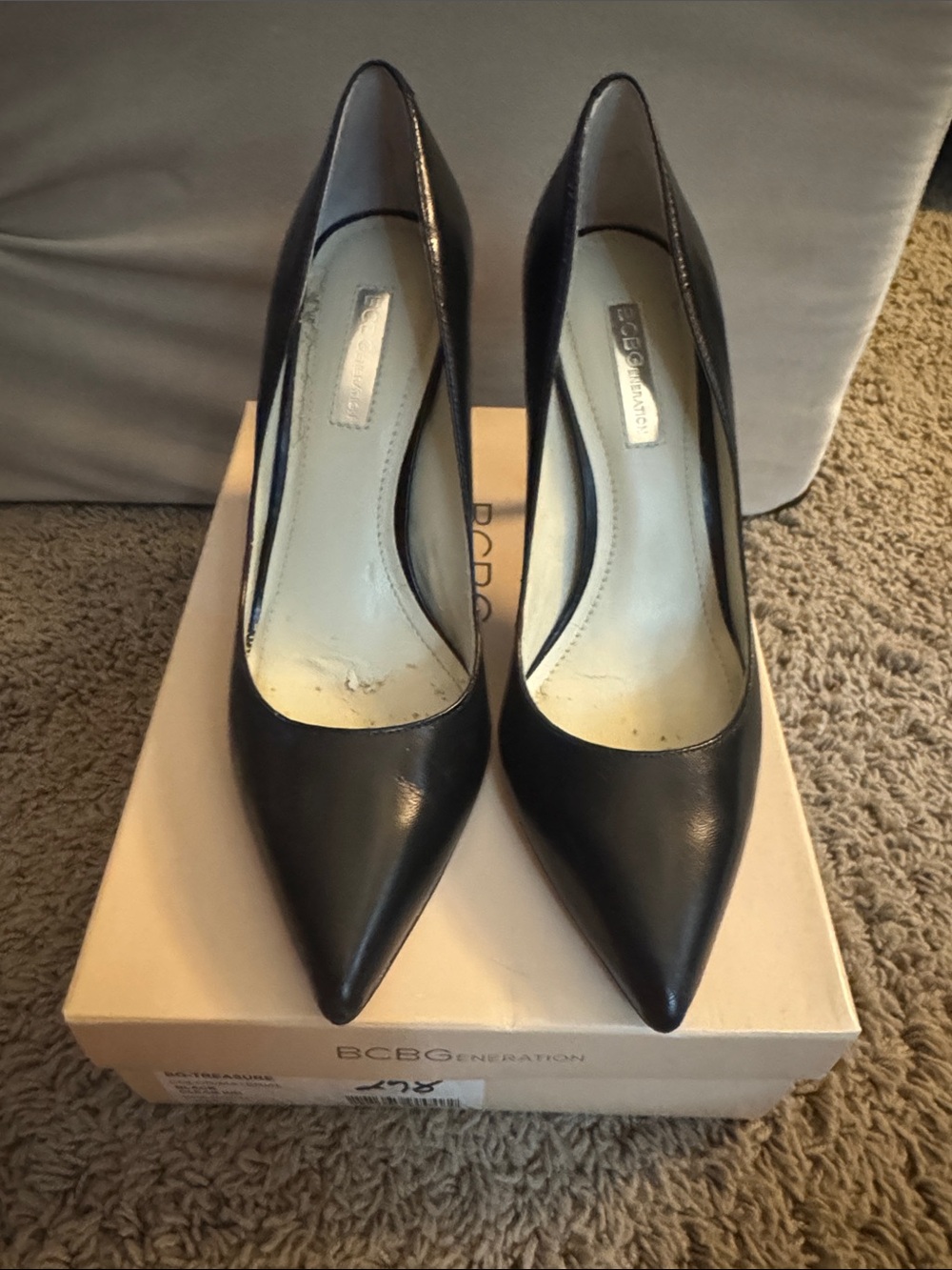 BCBG Black Pointed Toe Patent Leather Pumps, Sz 8
